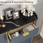 Fluted Shoe Storage Cabinet with 4 Flip Drawers & 2 Drawers, Freestanding Hidden Shoe Organizer with Adjustable Shelves, Wood Narrow Shoe Rack Cabinet for Entryway, Foyer, Hallway, Navy Blue