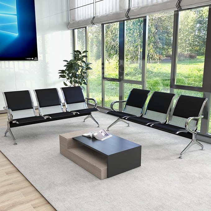 Kinsuite 2pcs 3-Seat Waiting Room Bench - PU Leather Waiting Room Chairs with Arms, Reception Chairs Guest Chair for Office Airport Bank Salon, Black
