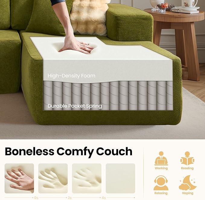 104" Cloud Sectional Couch with Chaise, Boneless L-Shaped Cloud Couch with Deep Seat, Modern Minimalist Sofa, Assembly Free Comfy Sofa for Office Living Room Study Room Apartment(Green, Right Chaise)