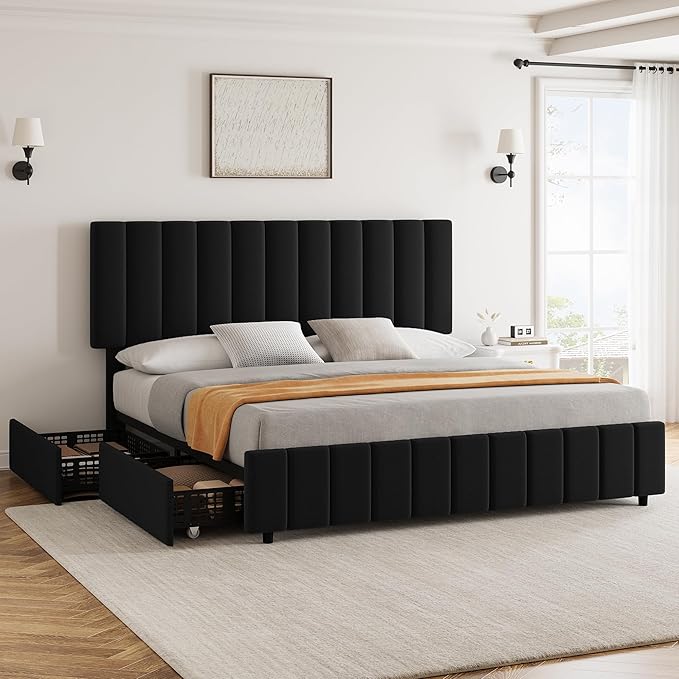 Garvee King Size Bed Frame with 4 Storage Drawers, Adjustable Height Headboard, Linen Upholstered Platform Bed Frame, No Box Spring Needed, Easy Assembly, Black