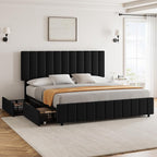 Garvee King Size Bed Frame with 4 Storage Drawers, Adjustable Height Headboard, Linen Upholstered Platform Bed Frame, No Box Spring Needed, Easy Assembly, Black