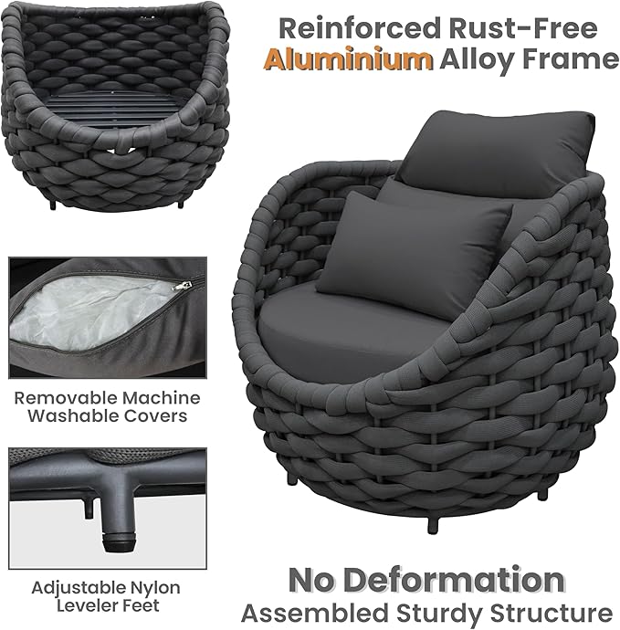 Aluminum Front Porch Furniture Set: 5 Pieces Woven Rope Patio Conversation Set - All Weather Cushioned Outdoor Sofa Set Assembled - Metal Modern Couch Set 400lb Deck Garden Pool Hotel, Dark Gray