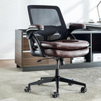 Big and Tall Office Chair, 500lbs Mesh Heavy Duty Ergonomic Desk Chair with Flip-up Armrests, Plus Size Wide Seat in PU Leather, 360 Swivel Computer Executive Task Chair for Home Office (Brown)
