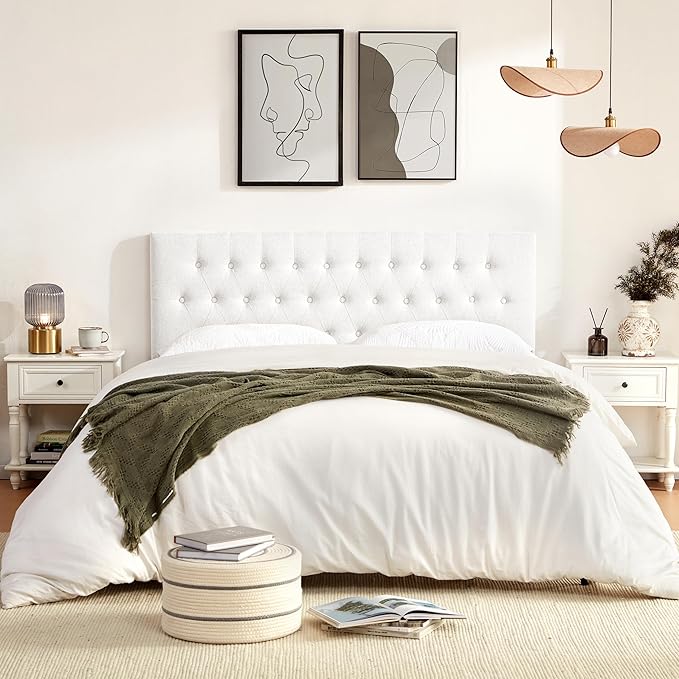 Tufted Upholstered Headboard Queen Size, Solid Wood Head Board with Metal Legs, Adjustable Height Bed headboard from 37" to 51" Fabric Headboard in Modern Button Design, White