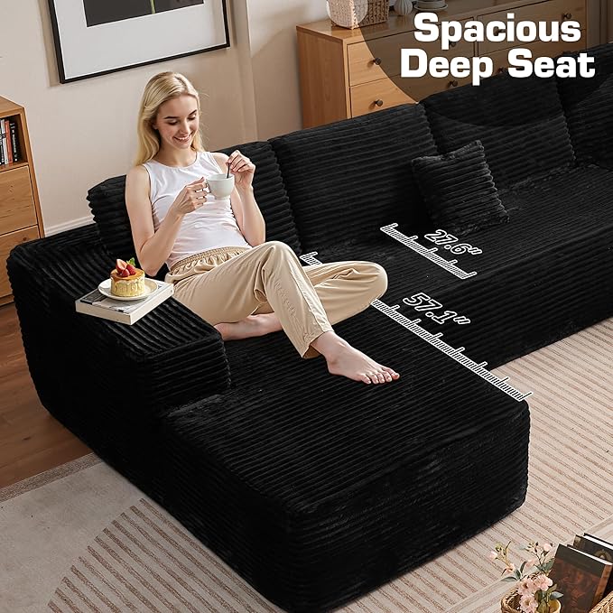 Oversized U Shaped Boneless Sectional Cloud Couch, 133.1'' Modular Sofa with Chaise, Deep Seat Plush Corduroy Couches for Living Room, No Assembly Required,Plush Corduroy,Black