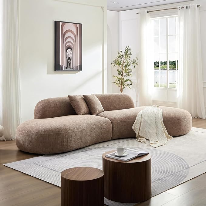 135.4" Oversized Curved Sofa, Modern Minimalist Comfy Sectional Couch, Upholsted Boucle Luxury Sofas Chaise, 6 Seater Modular Couches for Living Room Home Office Apartment((Right Facing,Camel)