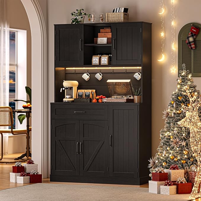 ONBRILL 71" Pantry Cabinet, Kitchen Pantry Storage Cabinet with LED Light & Outlet, Kitchen Hutch with Microwave Shelf & 6 Hooks, Door Shelf & Drawer & Adjustable Shelf, for Dining Room, Black