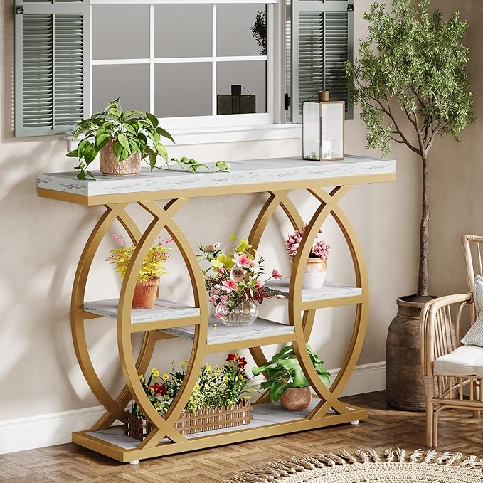 Tribesigns 39.4" Console Table, Industrial 4-Tier Sofa Table Entryway Table with Storage Shelves, Narrow Wood Accent Tables with Metal Frame for Small Spaces, Hallway, Foyer, White Gold