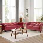 Home Sofa Living Room Furniture, 3 Seater Leather Upholstered Sofa Couch, Modern Comfy Couch with Faux Leather Cushions, Mid Century Tufted Chesterfield Sofas for Bedroom, Office, Apartment (Wine Red)