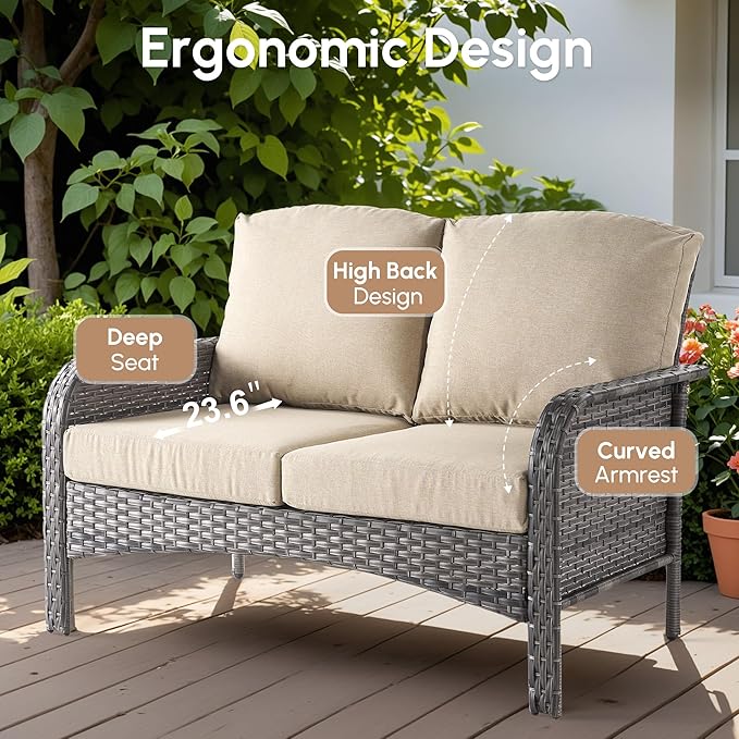 5 PCS Patio Outdoor Furniture Set with Swivel Rocking Chairs,All Weather Wicker Rattan Patio Seating Sofa and Chairs Set,Outdoor Conversaiton Sets for Deck Yard Prrch Garden Poolside,Beige