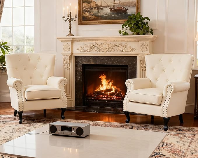 Modern Accent Chair Set of 2, Mid-Century PU Leather Armchair with Solid Wood Legs, Single Sofa Chair for Living Room, Bedroom, Leisure Room, or Reading Room(Ivory White)