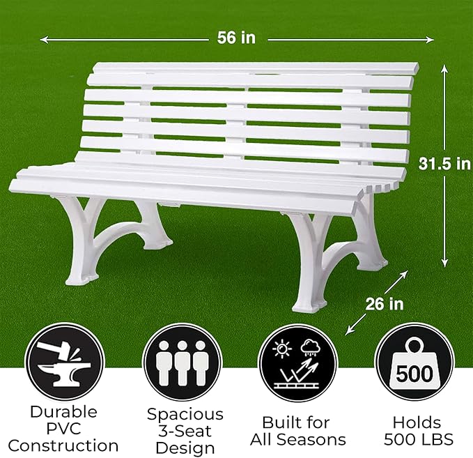Plow & Hearth Weatherproof German PVC Outdoor Bench | 3-Seat | Holds Up to 500 lbs | Garden Patio Porch Park Deck | Steel and Resin (White)
