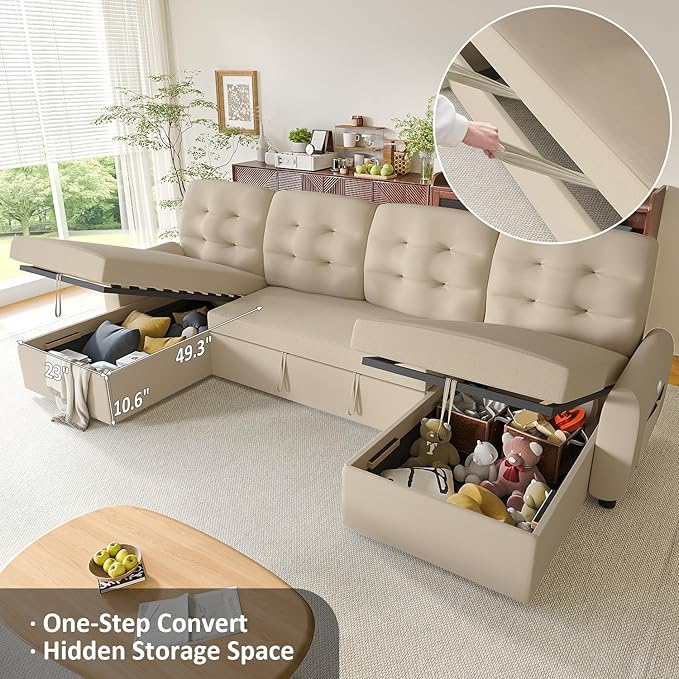 Ucloveria Sleeper Sofa Bed, 112" U Shaped Sectional Sofa Couches for Living Room, Pull Out Couch Bed with Dual Reversible Storage Chaise | Charging Station | Side Pockets | Removable Backrest