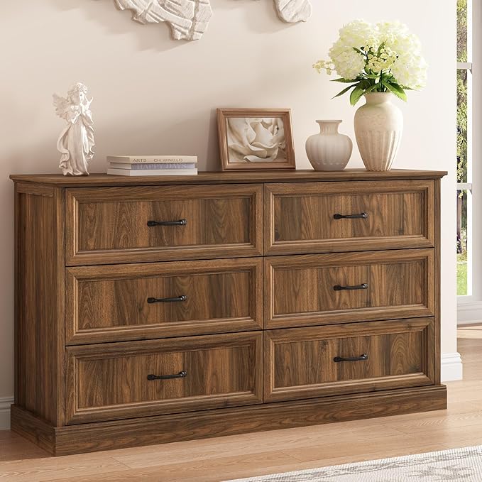 Farmhouse 6 Drawer Dresser for Bedroom, 55 Inch Wide Modern Walnut Dresser TV Stand with Large Drawers & Bar Handles, Rustic Wood Chest of Drawers for Bedroom, Living Room, Hallway, Entryway.