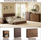 CARPETNAL Farmhouse Dresser and Nightstand Sets for Bedroom, 4 Pcs Bedroom Set, 5 Drawer & 9 Drawer Dresser and Nightstand Set of 2, Wood Chest of Drawers for Living Room, Entryway, Brown