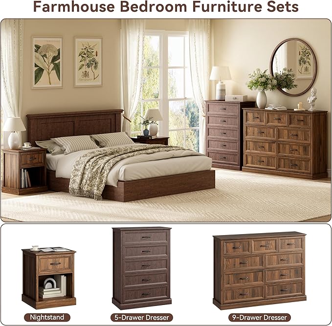 CARPETNAL Farmhouse Dresser and Nightstand Sets for Bedroom, 4 Pcs Bedroom Set, 5 Drawer & 9 Drawer Dresser and Nightstand Set of 2, Wood Chest of Drawers for Living Room, Entryway, Brown