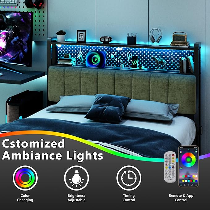 VINGLI Queen Size Headboard Only, Adjustable Upholstered Headboard with 2 Tier Shelves and Pegboard with Charging Stations and LED Lights, Modern Bed Headboard with Storage for Bedroom Decor