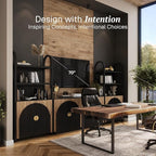 BELLEZE 4-Piece Modular Arched TV Stand Entertainment Center Set, Mid Century Modern 2 Piece 72″ Tall Storage Cabinets and 2 Piece 65″ Fluted TV Console for Living Room (Camel)