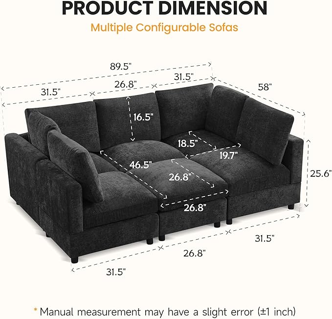 Modular Sectional Cloud Sofa Bed, 6-Seater Convertible Sofa Couch with Ottoman, Modern Deep Seat Sleeper Sofa for Living Room, Chenille Dark Grey
