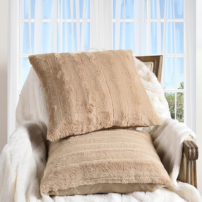 Cheer Collection Faux Fur Throw Pillows - Decorative Pillows for Couch, Bed Throw Pillows, Sand Accent Pillows for Bedroom or Living Room Aesthetic, Set of 2 Furry Throw Pillows, 16" x 16"