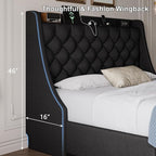 Full Size Upholstered Platform Bed Frame with 4 Storage Drawers and Charging Station, Linen Button Tufted Wingback Headboard, Sturdy Wooden Support Slats, No Box Spring Needed, Black