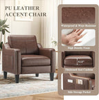 PU Leather Accent Chair, Mid-Century Modern Living Room Armchair Sofa with Removable Cushions, Solid Wood Frame & Stitched Armrest Design, Bedroom Chair with Plastic Legs, Chocolate Brown