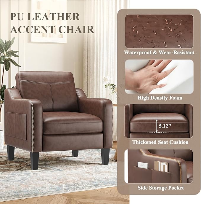PU Leather Accent Chair Set of 2, Mid-Century Modern Living Room Armchair Sofa with Removable Cushions & Stitched Armrest Design, Bedroom Chair with Plastic Legs, Chocolate Brown