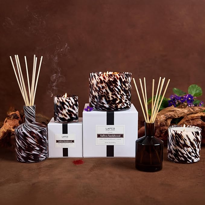 LAFCO New York Signature Fall Candle, Saffron Sandalwood - 15.5 oz - 90-Hour Burn Time - Reusable, Hand Blown Glass Vessel - Made in The USA