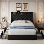 Full Size Upholstered Platform Bed Frame with 4 Storage Drawers and Charging Station, Linen Button Tufted Wingback Headboard, Sturdy Wooden Support Slats, No Box Spring Needed, Black