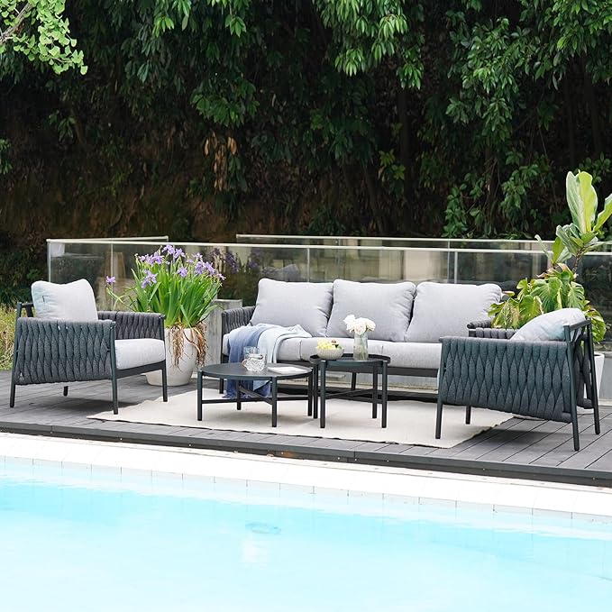 Grand patio 5-Piece Outdoor Furniture Set, Outdoor Sofa Set with 2 Round Side Tables, Modern Metal Patio Couch with Thick Waterproof Cushions for Porch Deck Backyard, Dark Grey