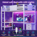ADORNEVE Loft Bed Twin Size with L-Shaped Desk, LED Lights,Charging Station, Twin Metal Loft Bed Frame with Fabric Drawers & Shelve, 13.4" H Safety Guardrail, No Box Spring Needed, White
