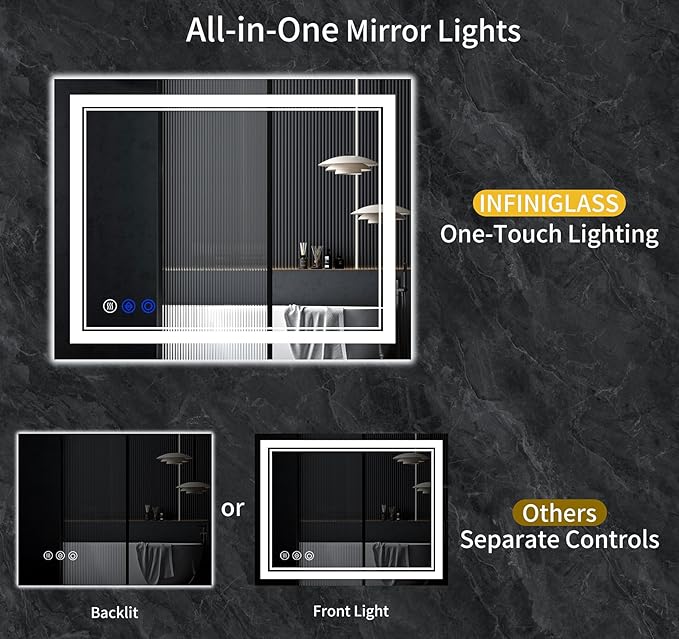 50"x30" LED Bathroom Mirror with Anti-Fog, Stepless Dimmable Lights, 3 Color Modes, Shatter-Proof Tempered Glass, Memory Function & Waterproof Design