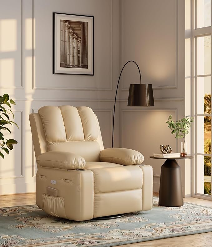 27" Oversized Power Recliner Chair, Faux Leather Rocking Chair with Heat & Massage, 360° Swivel Modern Electric Recliner with Cup Holder ＆ USB Charging for Living Room, Bedroom, Nursery - Beige