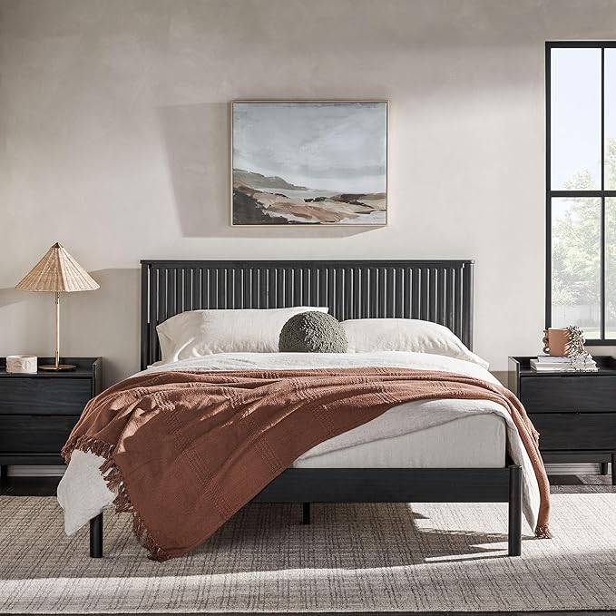 Walker Edison Queen Modern Reeded Headboard Solid Wood Bed, Queen Size, Black