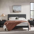 Walker Edison Queen Modern Reeded Headboard Solid Wood Bed, Queen Size, Black