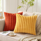 Pallene Faux Fur Plush Throw Pillow Covers 26x26 Set of 2, Luxury Soft Fluffy Striped Decorative Pillow Covers for Sofa, Couch, Living Room, Mustard Yellow