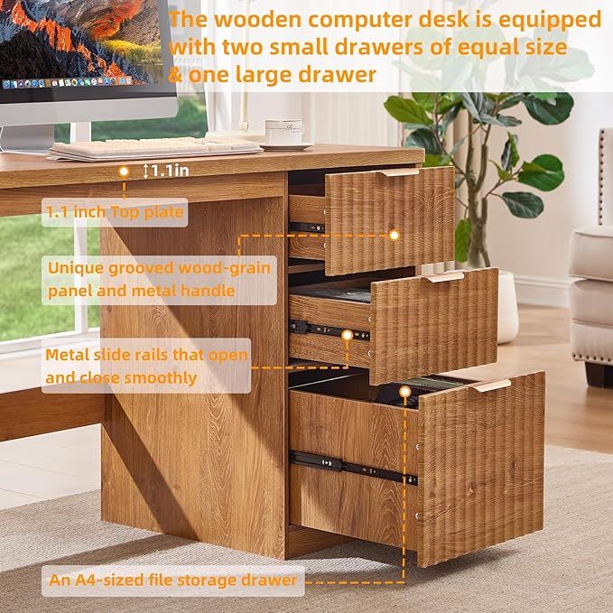 48" Modern Fluted Home Office Desk with Storage Cabinet, Brown Wood Executive Desk with File Drawer & Metal Handles, Large Computer Writing Table for Office,Study, Living Room, Bedroom