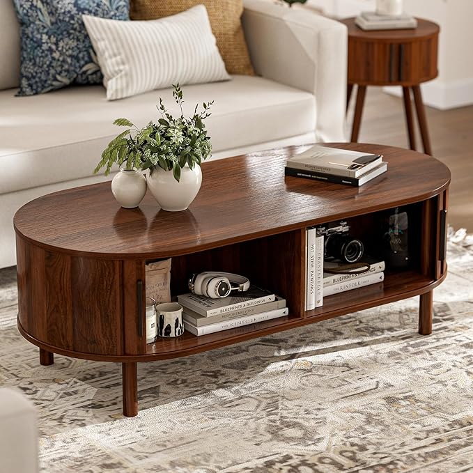 Coffee Table for Living Room, Modern Oval Coffee Table with Cabinets & Sliding Doors, Home Small Space, 47.2" Fluted Center Table, Walnut