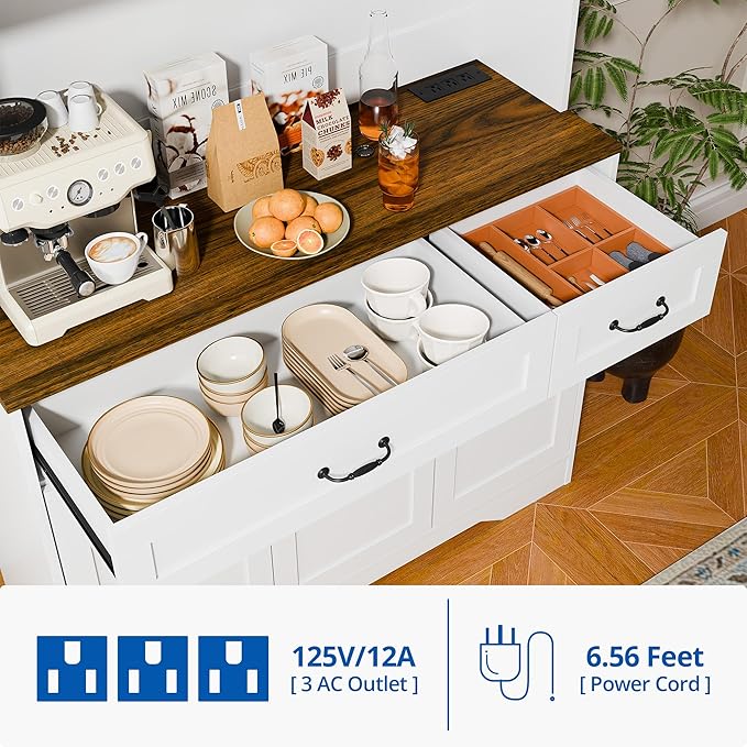 Cozy Castle 71" Tall Kitchen Hutch Cabinet with Drawers and Power Outlet, Farmhouse Pantry Storage Cabinet, Large Wood Coffee Bar Microwave Stand Cupboard for Dining Room Living Room, White