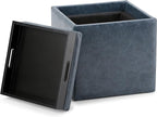 SIMPLIHOME Rockwood 18 inch Wide Contemporary Square Cube Storage Ottoman with Tray in Denim Blue Vegan Faux Leather, Assembled, For the Living Room, Entryway and Family Room