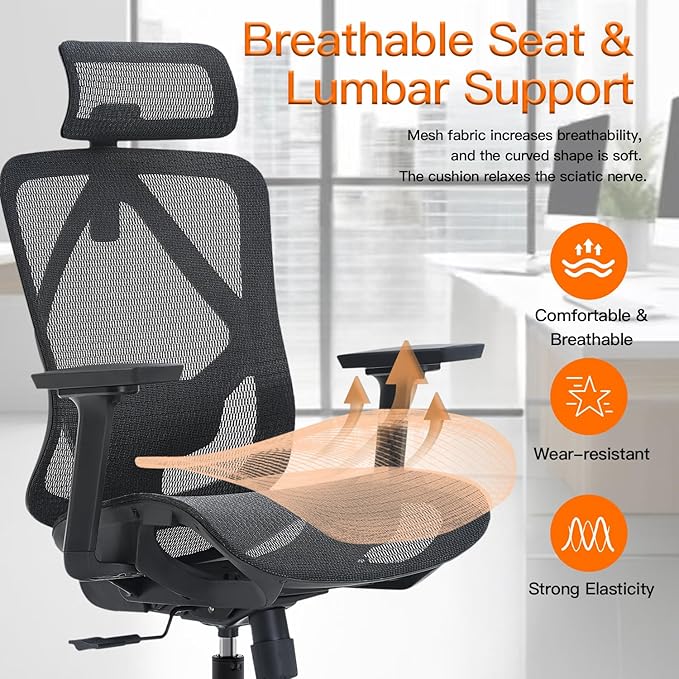 Ergonomic Office Chair with Lumbar Support, 3D Adjustable Armrest, Mesh Home Office Desk Chairs, Swivel Computer Chair, High Back Reclining Executive Office Chair,400lbs Capacity (Black)