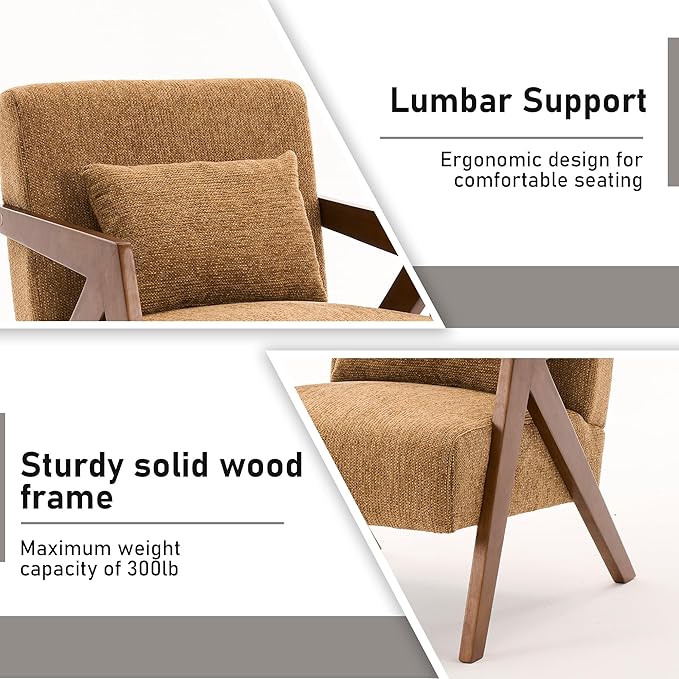 Mid Century Modern Accent Chair with Solid Wood Frame，Upholstered Chenille Living Room Arm Chairs with Pillow for Bedroom, Living Room, Reading Room, Balcony (1, Yellow)