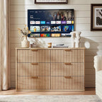 LEYAOYAO Fluted 6 Drawers Dresser for Bedroom, 48" Wide Modern Chest of Drawers with Metal Handle, Natural Curved Profile Farmhouse Closet Organizer Wood Dressers TV Stand for Living Room, Hallway