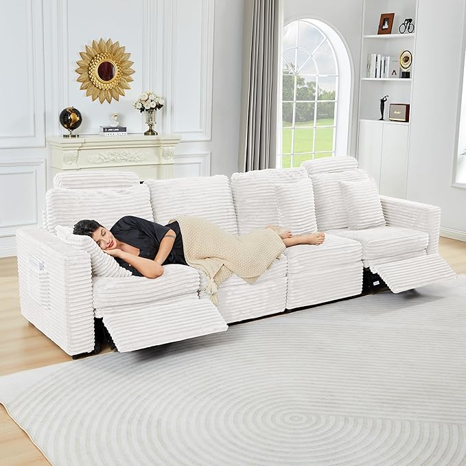 ORRD Power Reclining Sectional Sofa, Electric 4 Seat Recliner with 2 Electric Footrest and Adjustable Headrest, Modern Plush Corduroy Fluffy Modular Sectional with Deep Seat for Living Room-White