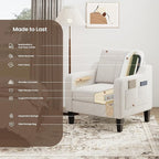 Accent Chair for Living Room Modern Linen Upholstered Armchair Side Wooden Fabric Sofa Chair with Foldable Table 2 Side Pockets Comfy Reading Chair for Bedroom