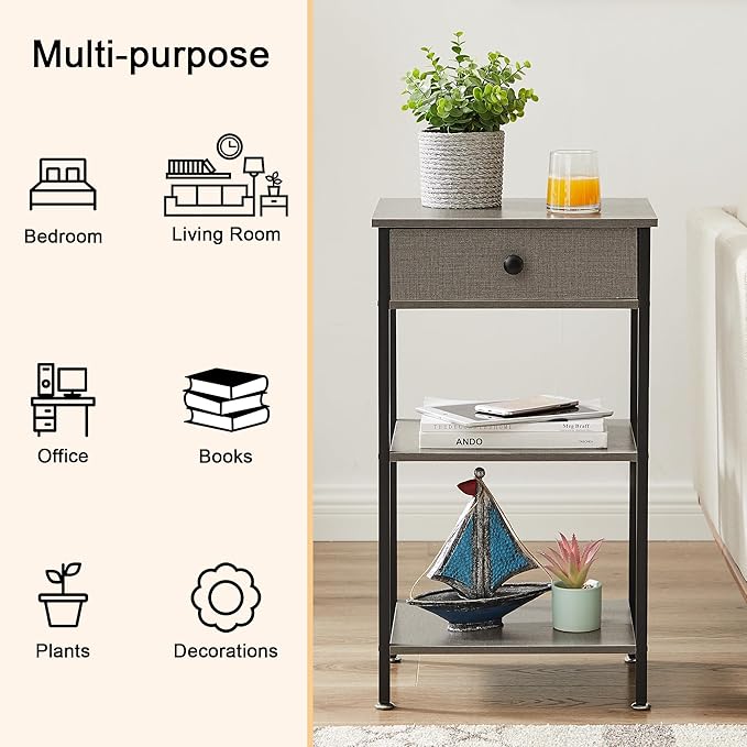 VECELO Tall End Side Table,Nightstand with Adjustable Shelf and Bin Drawer for Living Room/Bedroom/Entryway Small Spaces