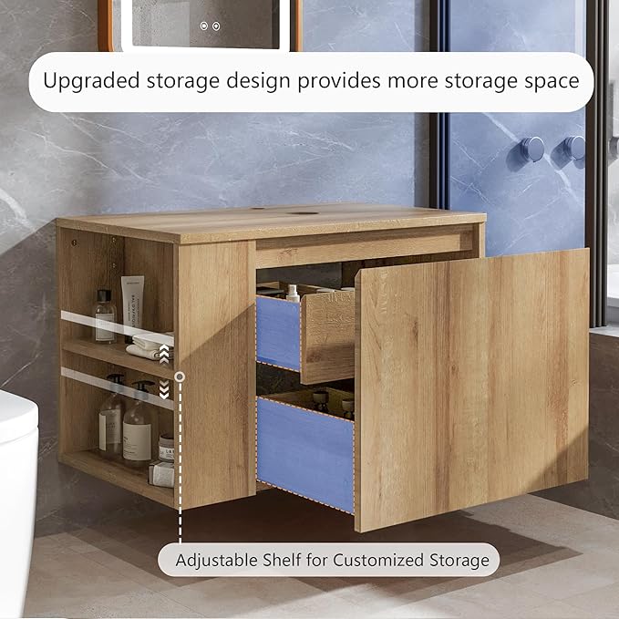 Bathroom Vanity, Natural Color Wall-Mounted Bathroom Vanity with Hidden Drawer (Nature Without Sink, 36")