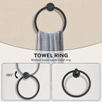 Matte Black Towel Bar Set 5-Piece Bathroom Hardware Accessories Set Includes 23.6in Towel Bar-Round Towel Ring-Toilet Paper Holder-Towel Hooks Stainless Steel Wall Mount Bathroom Towel Holder Set