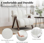 Mid Century Modern Accent Chair with Solid Wood Frame, Boucle Upholstered Living Room Chairs with Thick Cushion, Comfy Tufted Arm Chair for Bedroom, Ivory