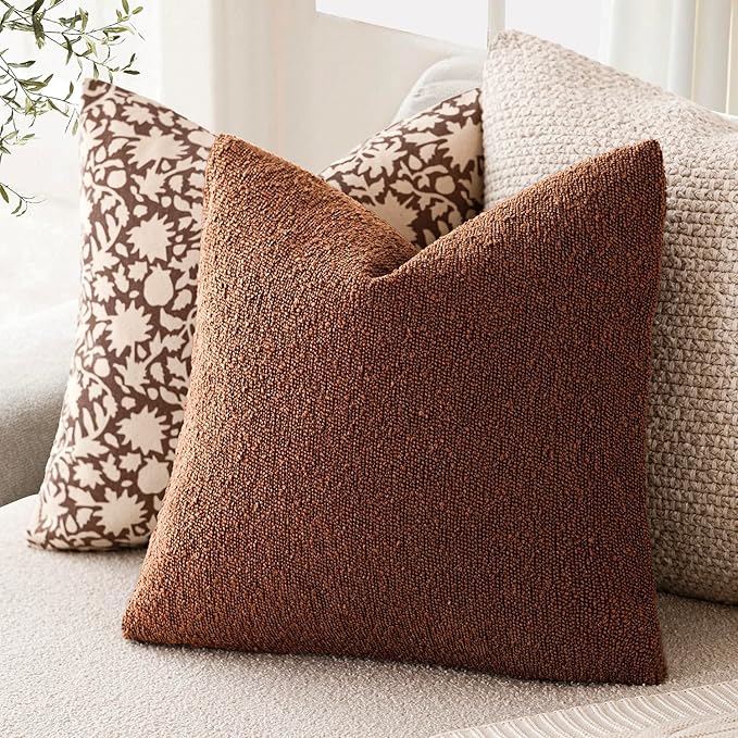 Foindtower Pack of 2 Textured Boucle Throw Pillow Covers Accent Solid Pillow Cases Cozy Soft Decorative Couch Cushion Case for Chair Sofa Bedroom Living Room Home Decor 20x20 Inch Red Taupe